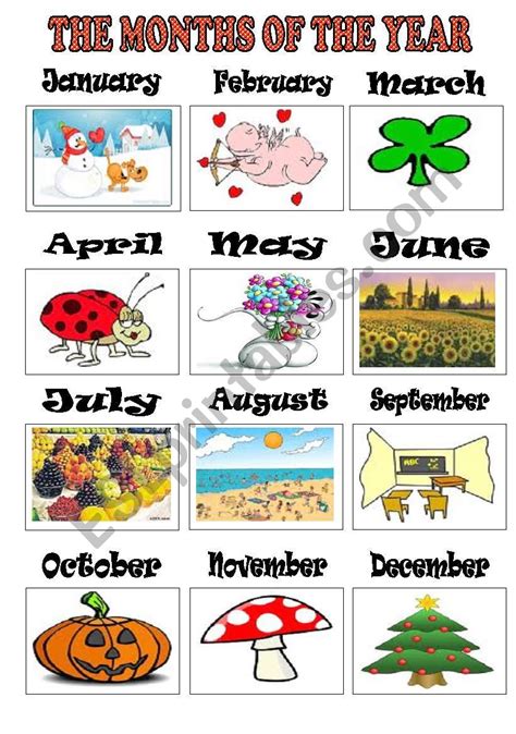 Months Of The Year Esl Printable Classroom Poster For