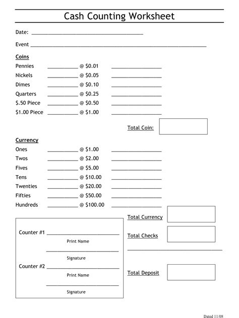 Automated cash reconciliation worksheet system (acrws). Cash Counting Worksheet Download Printable PDF ...