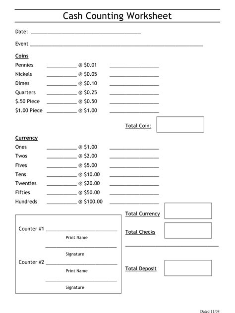 Download the cash reconciliation worksheet. Cash Counting Worksheet Download Printable PDF ...