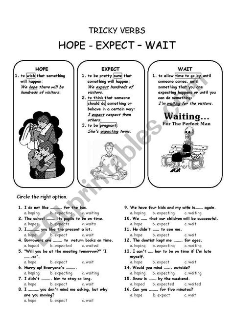 Tricky Verbs Hope Wait And Expect Esl Worksheet By Naron