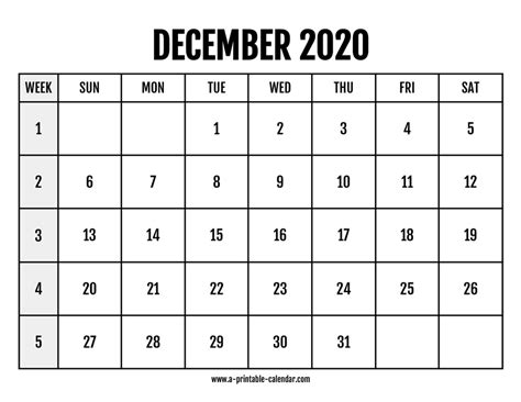 Calendar 2020 December A Printable Calendar