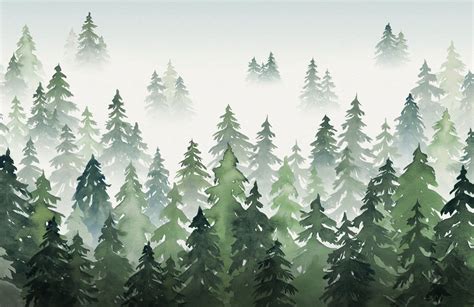 Green Watercolor Forest Tree Silhouette Wallpaper Mural Hovia Tree