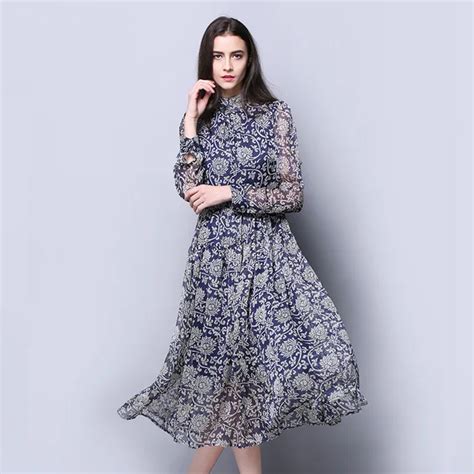 100 Silk Chiffon Dress Fashion Printed Pattern Women Spring Dresses