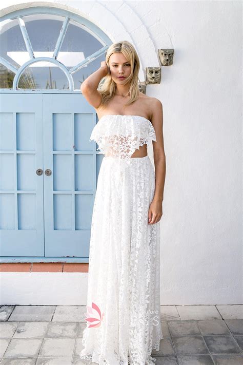 Unique Two Piece White Lace Illusory Strapless Wedding Dress Lunss