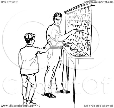 Clipart Of A Retro Vintage Black And White Boy And Man In A Sorting