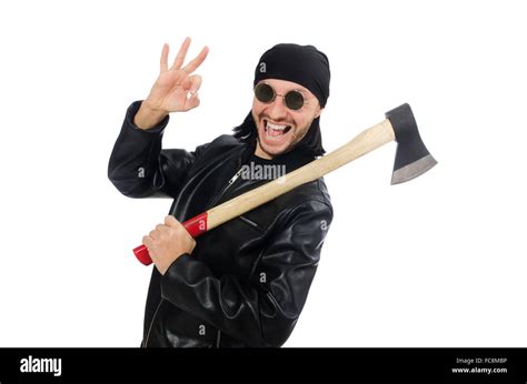 Angry Man With Axe Isolated On White Stock Photo Alamy