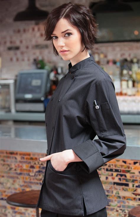 Elegant Black Chef Jacket For Women With Sophisticated Fine Gray Pin