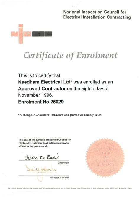 Needham Electrical Ltd Niceic Certificate
