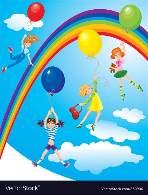 Girls Flying Away On Balloons On Sky With Rainbow Vector Image