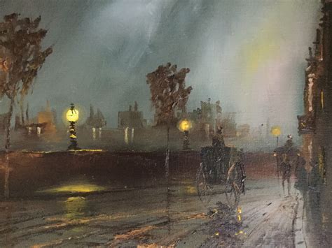 Oil Painting Of Moonlit Victorian Street Scene Near London Bridge