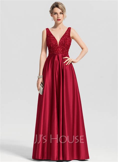 A Line V Neck Floor Length Satin Prom Dresses With Beading Sequins