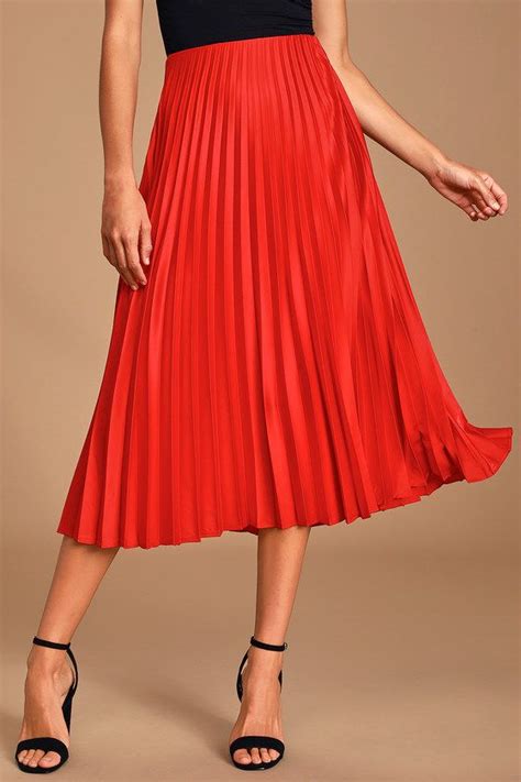 Galena Red Satin Pleated Midi Skirt Midi Skirt Pleated Midi Skirt