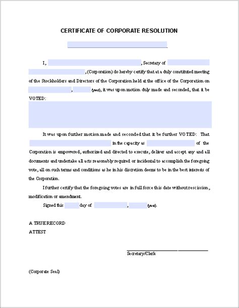 Certificate Of Corporate Resolution Free Fillable Pdf Forms