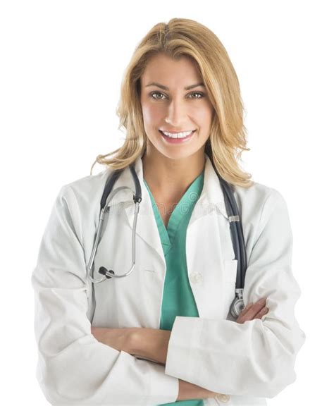 Confident Female Doctor Standing Over White Background Stock Image