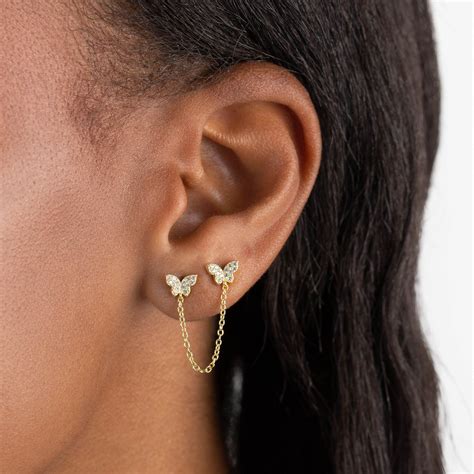 Pavé Double Butterfly Chain Stud Earring in 2021 Cute stud earrings