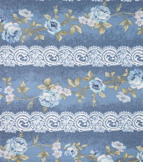 Premium Cotton Vintage Fabric Floral Lace Stripe Blue Metallic Joann