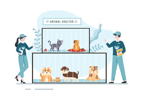 Animal Shelter Cartoon Illustration With Pets Sitting In Cages And