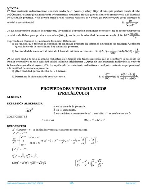 Formulario De Precalculo Y Calculo QuÕmica 27 Una Sustancia