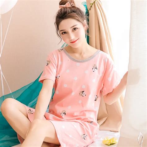 2017 New Summer Cotton Nightgown Female Korean Cute Print Sleepshirts