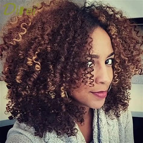 Difei Brown Synthetic Curly Wigs For Women Ombre Short Afro Wig African