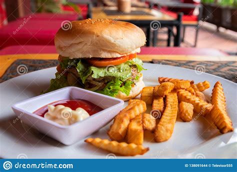 Yummy Fresh Burger And French Fries On White Plate Served For Lunch