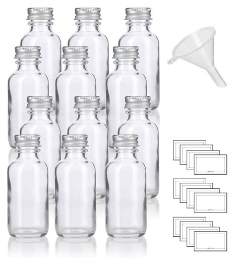 1 Oz Clear Glass Boston Round Bottles With Silver Metal Screw On Caps