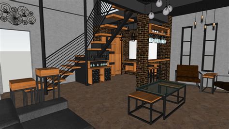 Industrial Living Room With Mini Bar 3d Warehouse