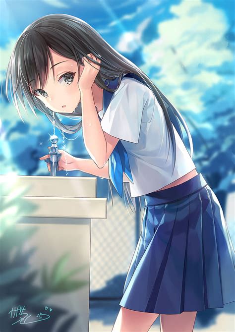 Anime School Girl Water Fountain Uniform Pretty Brown Hair Clouds