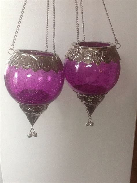 Pair Of Indian Hanging Glass Lanterns Moroccan Style Tea Light Holders