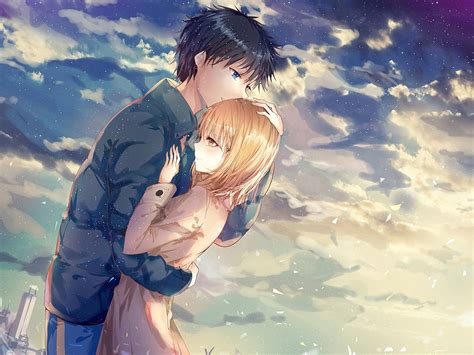 Download Cute Anime Couple Holding Each Other Wallpaper