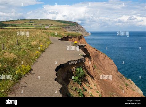 Old Road Falling Into Sea Due To Coastal Erosion At Boulby Cliffs On