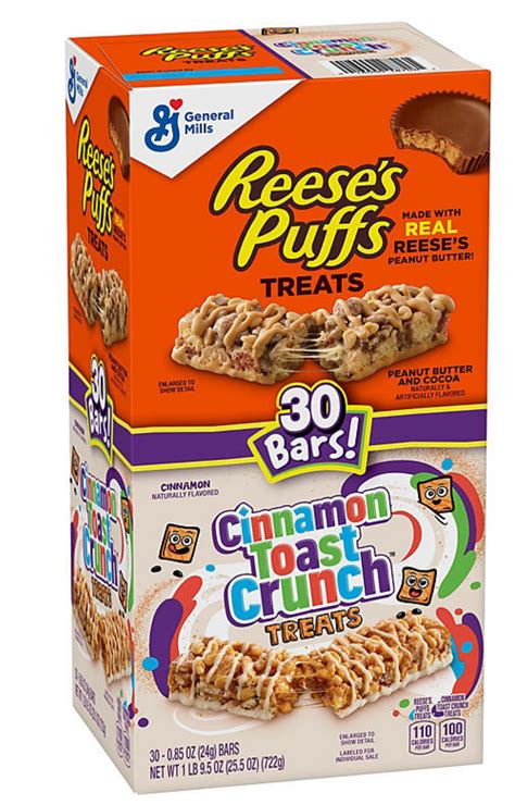 general mills reese s puffs and cinnamon toast crunch cereal bar treats —
