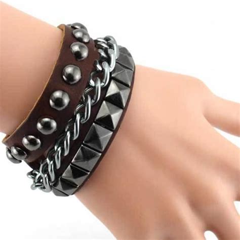 Mode Rock Punk Bijoux Rang Es Bracelets Homme Brun R Glable Pu Cuir Rivet Stud C Ne Bracelet