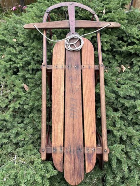 Vintage Sno King Wood Sled Metal Runner Toboggan Winter Snow Downhill