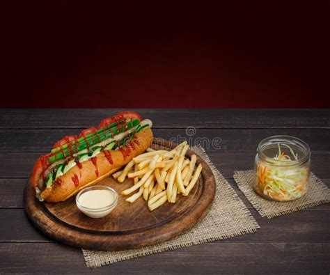 American Food Classic Hot Dog With Potato Fries Chips Stock Image