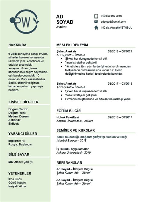 Avukat CV Örneği Özgeçmiş Hazırlama PDF Word CV