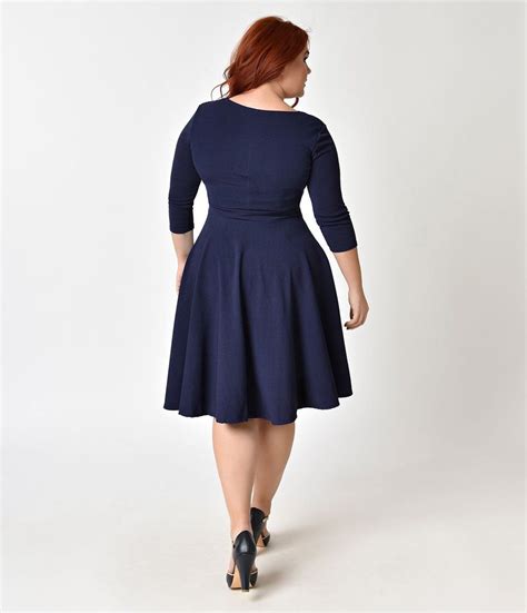 1950s Style Plus Size Navy Blue Sleeved Swing Dress Vintage Chic