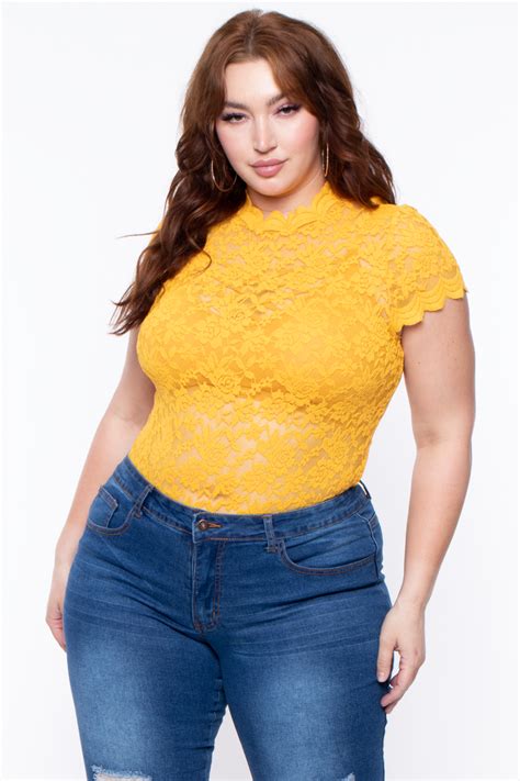 2021 Best Selling Hot Ambiance Plus Size Floral Lace Top Mustard On