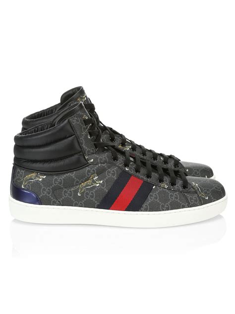 Gucci Leather New Ace Tiger Print High Top Sneakers In Nero Black For
