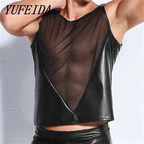 Yufeida Men S Sleeveless Black Faux Leather Vest Pu Undershirt Tank Top Vest Men S O Neck Faux