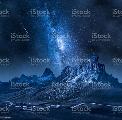 Milky Way Over Passo Giau Dolomites Mountain Hiking At Night Stock