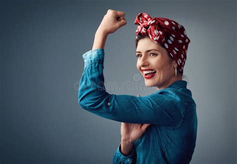 Strong Flexing Muscle And Happy Girl In Studio For Support Women
