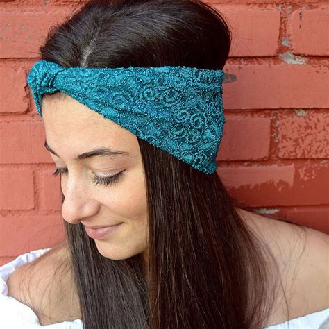 Knot Turban Headband Made With Green Lace Teal Blue Strethy Etsy