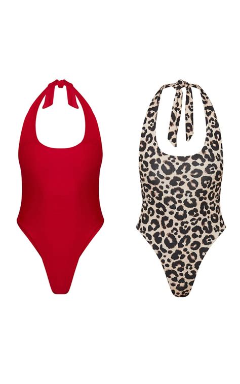 Red And Leopard 2 Pack High Leg Swimsuit Prettylittlething