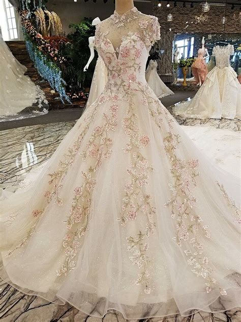 High Neck Floor Length Spring Flower Cherry Blossom Pale Pink Evening Prom Ball Gown · M Lace