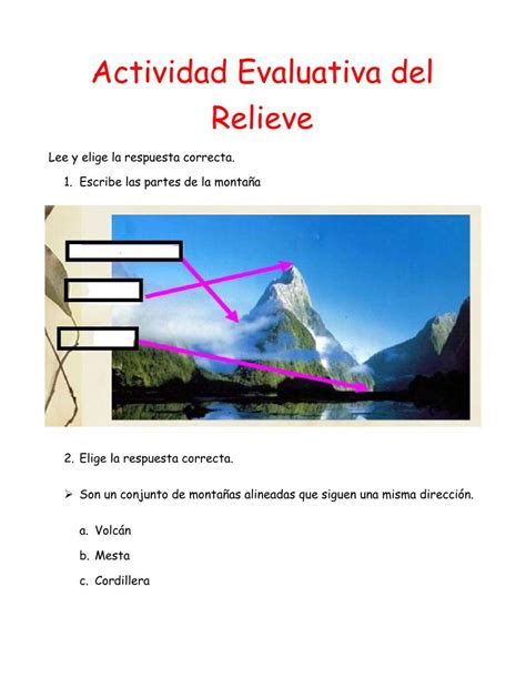 An Image Of A Mountain With The Words Activdad Evalutiv Del Relieve