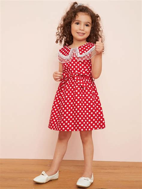 Toddler Girls Polka Dot Lace Panel Belted A Line Dress Sponsored