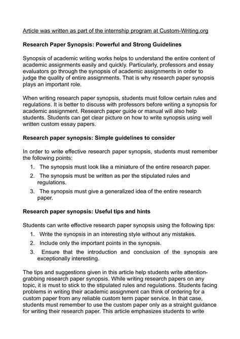 Academic Synopsis Writing - Example of a Synopsis