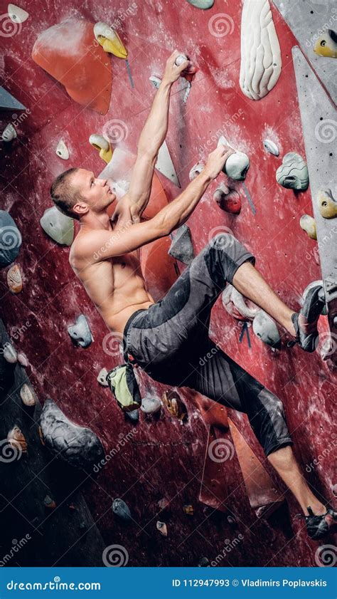 Shirtless Male On A Climbing Wall Stock Image Image Of Hold Male