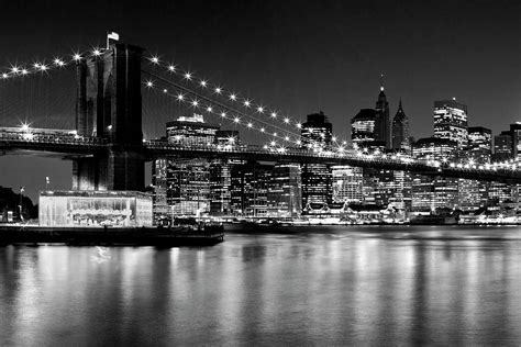 Night Skyline Manhattan Brooklyn Bridge Monochrome Photograph By
